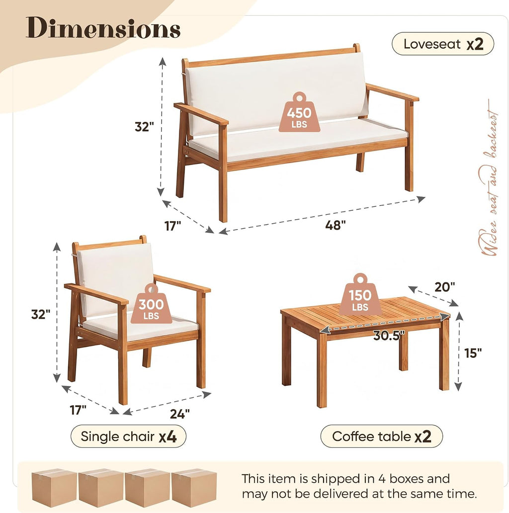 Devoko Patio Furniture Set 8 Pieces Acacia Wood Outdoor Furniture, Patio Set with Table & Cushions for Garden, Deck, Backyard, Natural
