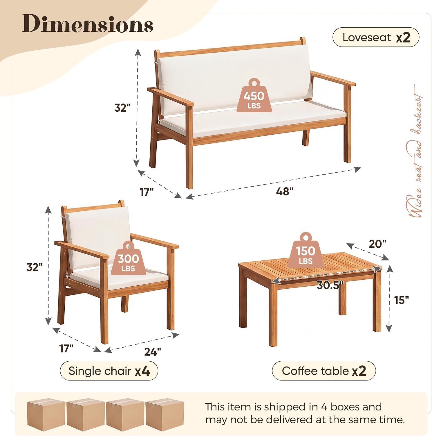 Devoko Patio Furniture Set 8 Pieces Acacia Wood Outdoor Furniture, Patio Set with Table & Cushions for Garden, Deck, Backyard, Natural