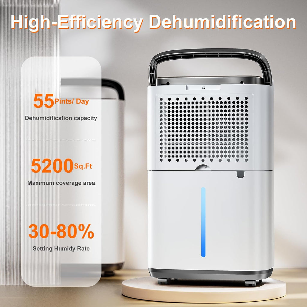55 Pint/Day Dehumidifier- 5200 Sq. Ft. Large Dehumidifiers with Hose for Large Basement Rooms - Dehu/Dry/Air Mode Smart - Humidity Control with Pump, Child Lock, LED Display, Timer