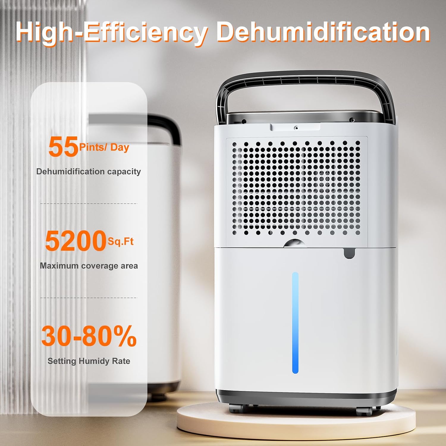 55 Pint/Day Dehumidifier- 5200 Sq. Ft. Large Dehumidifiers with Hose for Large Basement Rooms - Dehu/Dry/Air Mode Smart - Humidity Control with Pump, Child Lock, LED Display, Timer