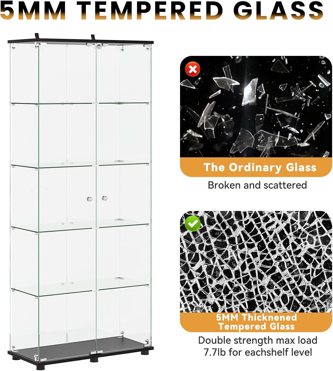 ROOMTEC Glass Display Cabinet with 5 Shelves, Double Doors, Floor Standing Display Cage, for Living Room Bedroom Office, 74.5 x 31.7 x 14.3 in, Black