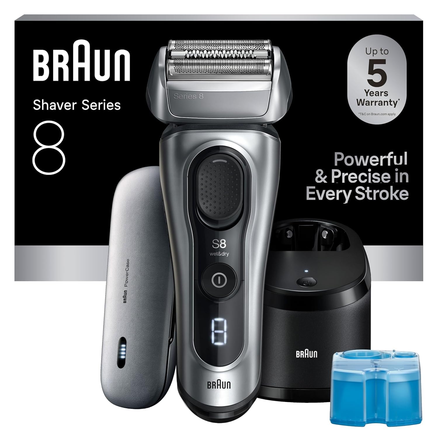 Braun Series 8 Electric Shaver, Shaving Kit with 4+1 Shaving Elements, Precision Long Hair Trimmer, SmartCare Center, PowerCase