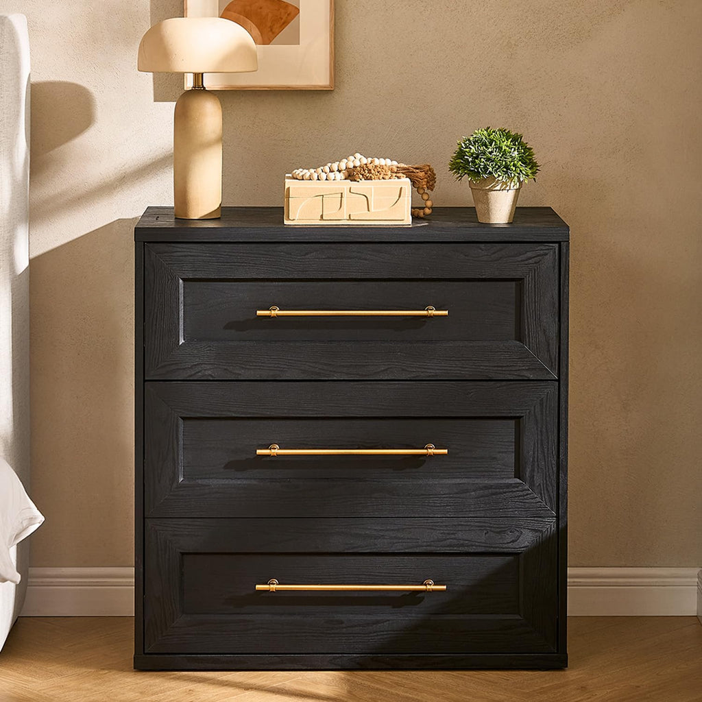 mopio Blake 3 Drawer Dresser for Bedroom, Chest of Drawers, Wood Dresser Organizer, Modern Farmhouse, Tall Night Stand, Enhanced Safety, Sturdy Compliant (Black Oak, Single)