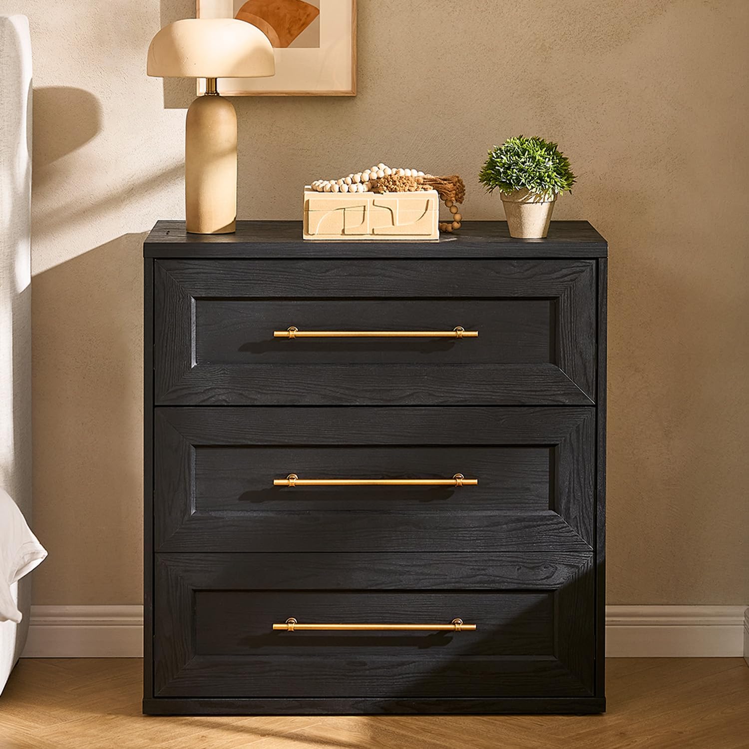 mopio Blake 3 Drawer Dresser for Bedroom, Chest of Drawers, Wood Dresser Organizer, Modern Farmhouse, Tall Night Stand, Enhanced Safety, Sturdy Compliant (Black Oak, Single)