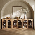 BELLEZE Set of 3 Modular Sideboard with Arched Glass Door, 97'' Accent Display Buffet Cabinet with Storage and Adjustable Shelves,Classic Modern Credenza for Dining Room Living Room Entryway (Camel)