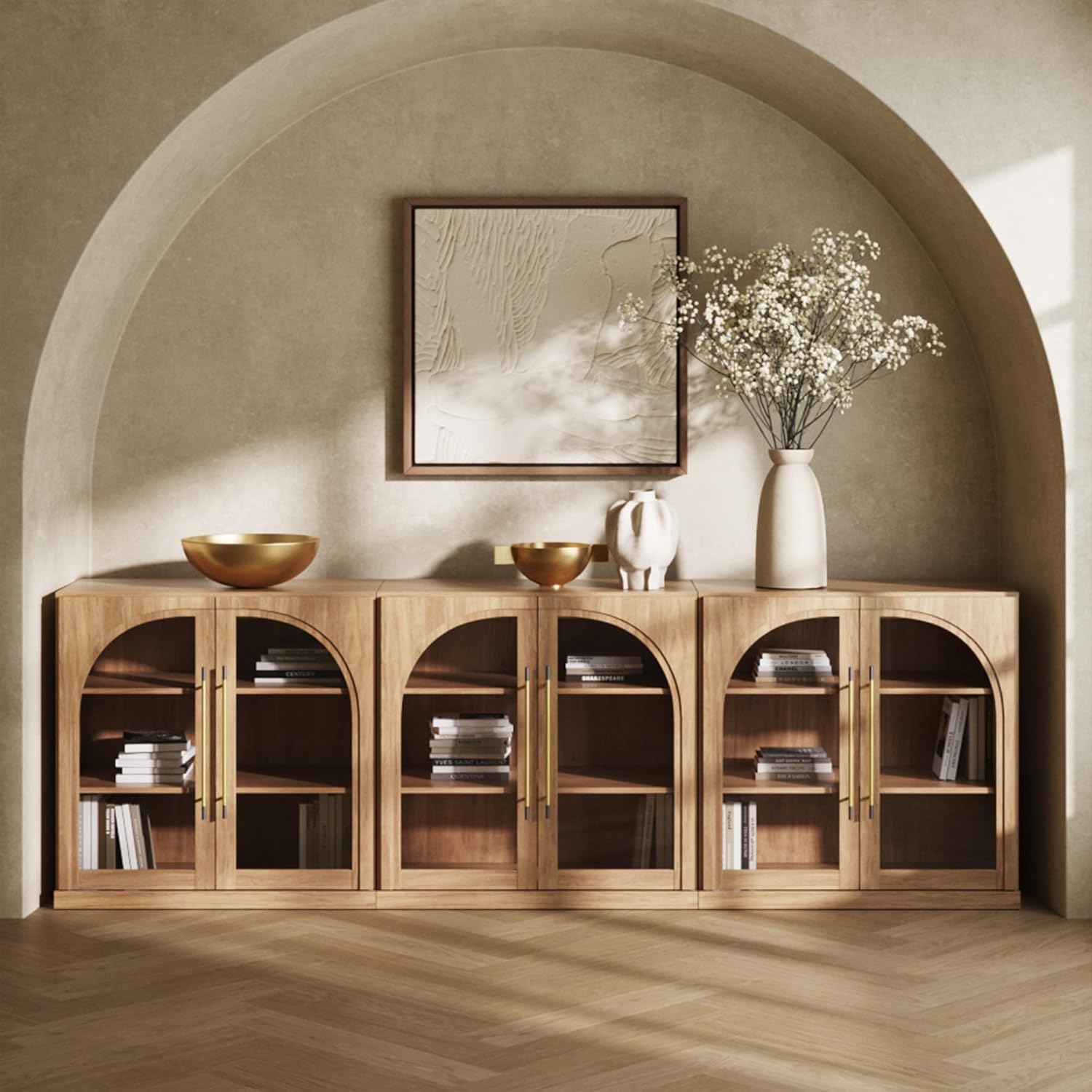 BELLEZE Set of 3 Modular Sideboard with Arched Glass Door, 97'' Accent Display Buffet Cabinet with Storage and Adjustable Shelves,Classic Modern Credenza for Dining Room Living Room Entryway (Camel)
