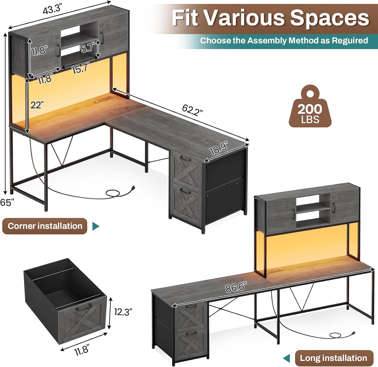 SEDETA L Shaped Gaming Desk, Reversible Computer Desk with Fabric Drawers and Power Outlet, Gaming Desk with Led Lights, Hutch and Storage Shelf for Home Office, Grey