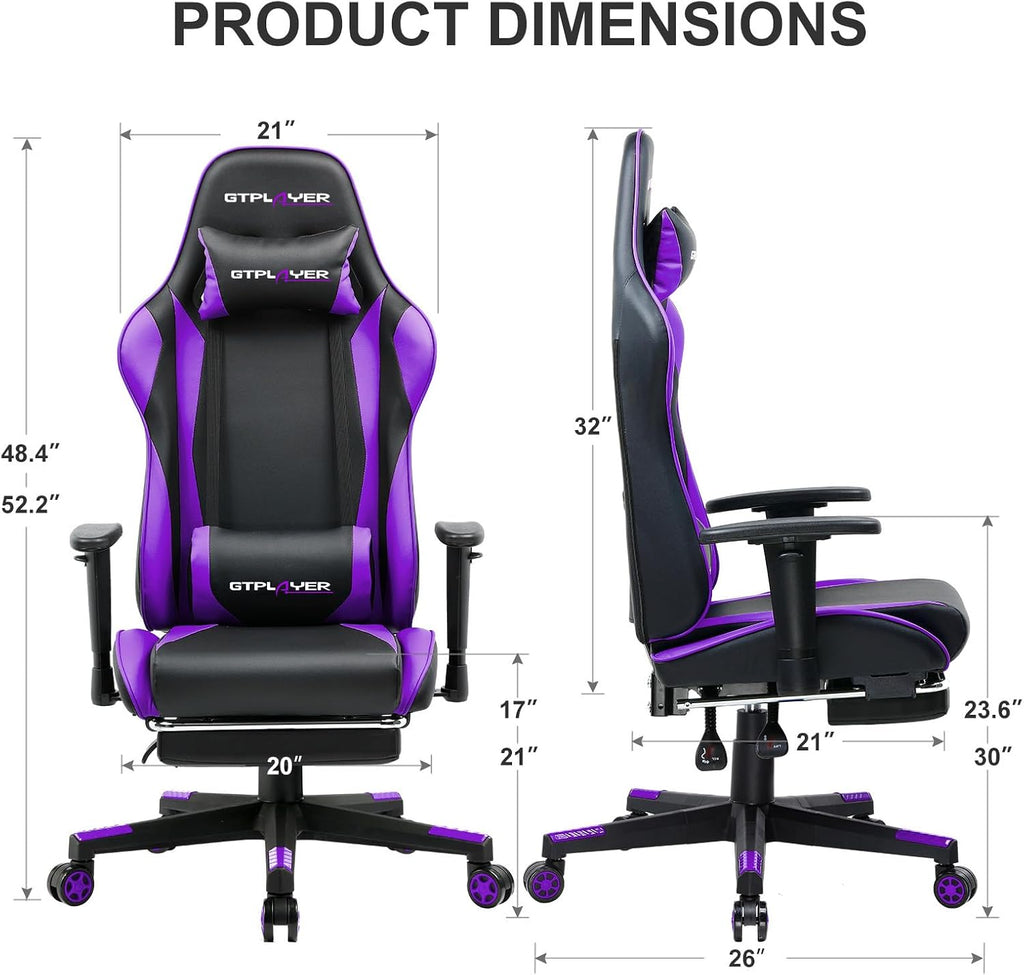 GTPLAYER Gaming Chair with Footrest, Ergonomic Computer Game Desk Chair, Reclining Game Chair Seat Height Adjustment, Swivel Rocker with Headrest and Lumbar (Purple)