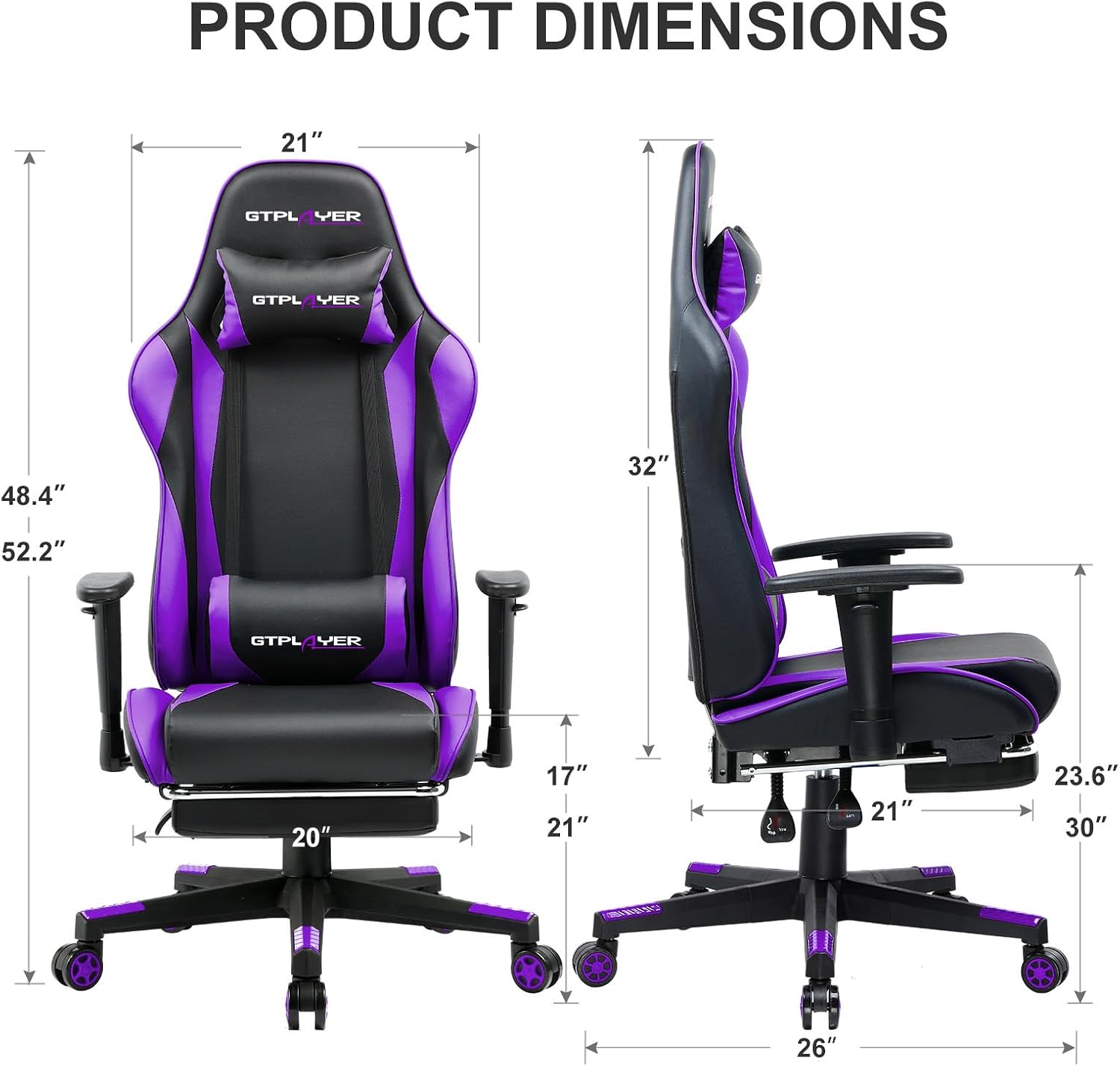 GTPLAYER Gaming Chair with Footrest, Ergonomic Computer Game Desk Chair, Reclining Game Chair Seat Height Adjustment, Swivel Rocker with Headrest and Lumbar (Purple)