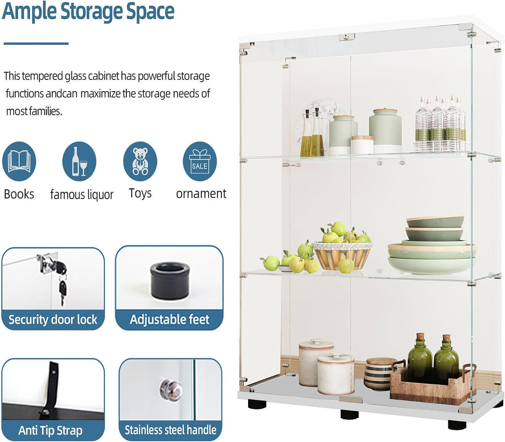 Glass Display Cabinet with LED Lights Elegant Double Doors 3 Shelves Glass Curio Cabinet with Lock 49.3' High Glass Curio Display Cabinet Showcase for Living Room,Bedroom,White