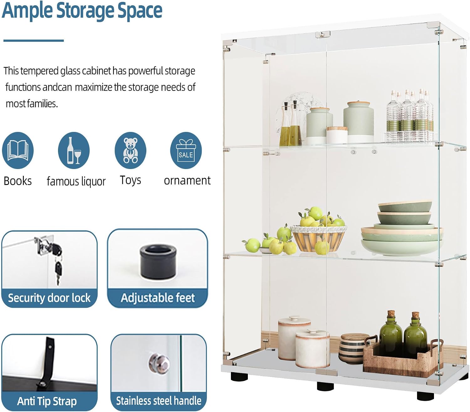 Glass Display Cabinet with LED Lights Elegant Double Doors 3 Shelves Glass Curio Cabinet with Lock 49.3' High Glass Curio Display Cabinet Showcase for Living Room,Bedroom,White