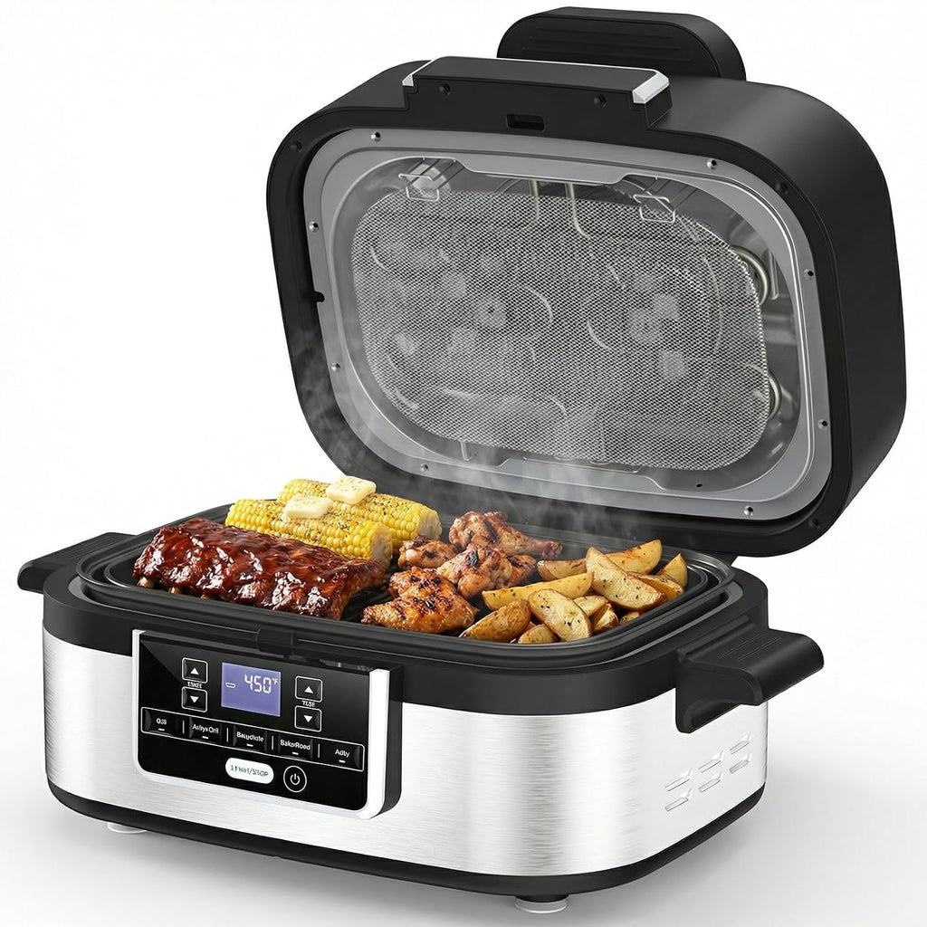 Electactic Smokeless Indoor Grill with Air Fry, Electric Grill with 5 Cooking Modes, 5QT Capacity, Adjustable Time & Temperature, LCD Displays