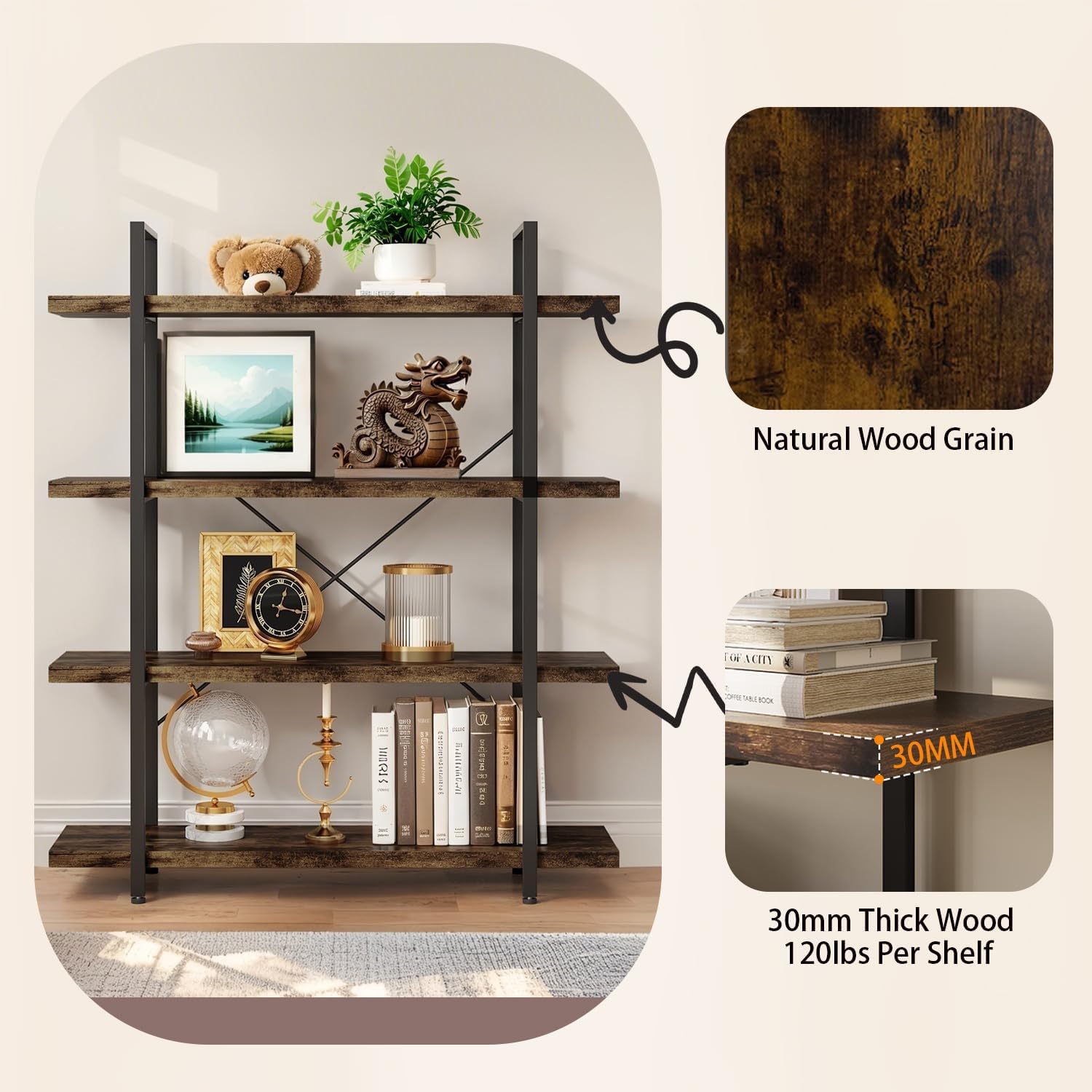 4 Tier Book Shelf, 47'' Wide Wood Industrial Bookshelf, 120lbs Shelf Capacity, Open Storage Shelves, 55'' Tall Heavy Duty Display Shelving, Rustic Brown Bookcase for Bedroom,Living Room,Office