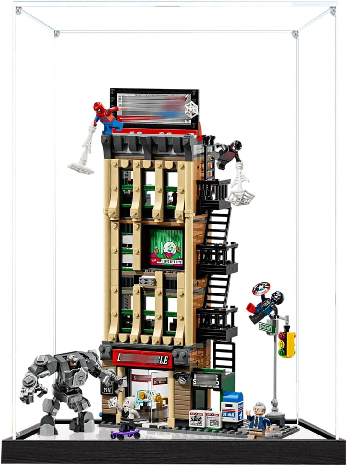 Acrylic Display Case for Lego 76342 The Daily Bugle Model, 3mm Dustproof Display Box, Display Case Compatible with Lego 76342(Model Not Included) (Black Base+Mirror 2MM)