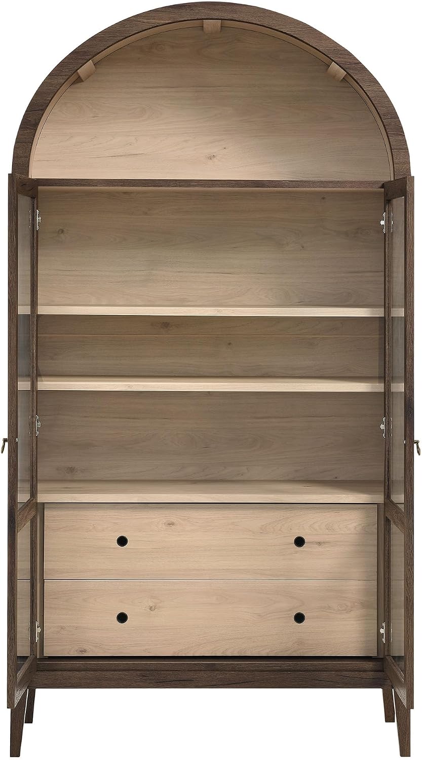Modway Nolan Tall Arched Storage Display Cabinet in Walnut Light Oak - 74 Inch Arch Bookshelf with Glass Doors, Shelves and Drawers - Modern Accent Cabinet for Living Room, Dining Room