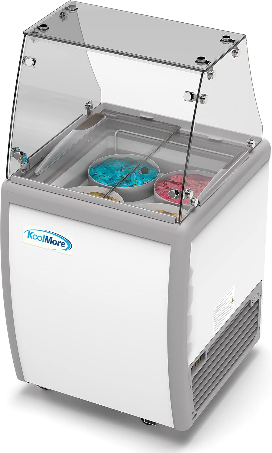 Koolmore 26 inch Commercial Ice Cream Dipping Cabinet Display Case, 4 Large Displayed Tubs, 2 Storing Tube, Sliding Glass Door, Rolling Wheels and Lockable Breaks [5.7 Cu. Ft.] (KM-ICD-26SD) White