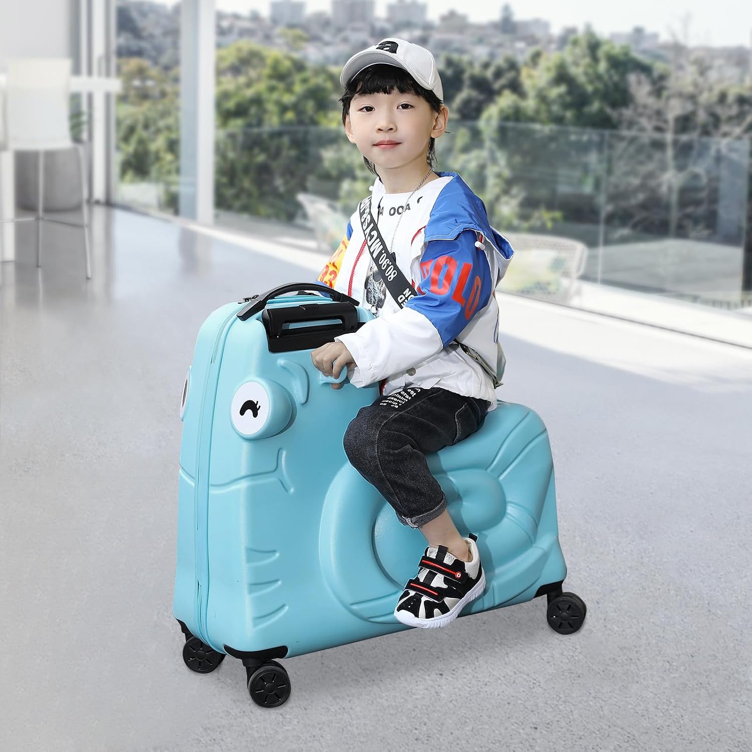 DNYSYSJ Children's Ride On Luggage, 20' Kid's Trolley Suitcase with Universal Wheels and Password Lock, Carry On Luggage Rolling Luggage, Aged 1-6 Years, ABS+PC (Blue, Snail Pattern)