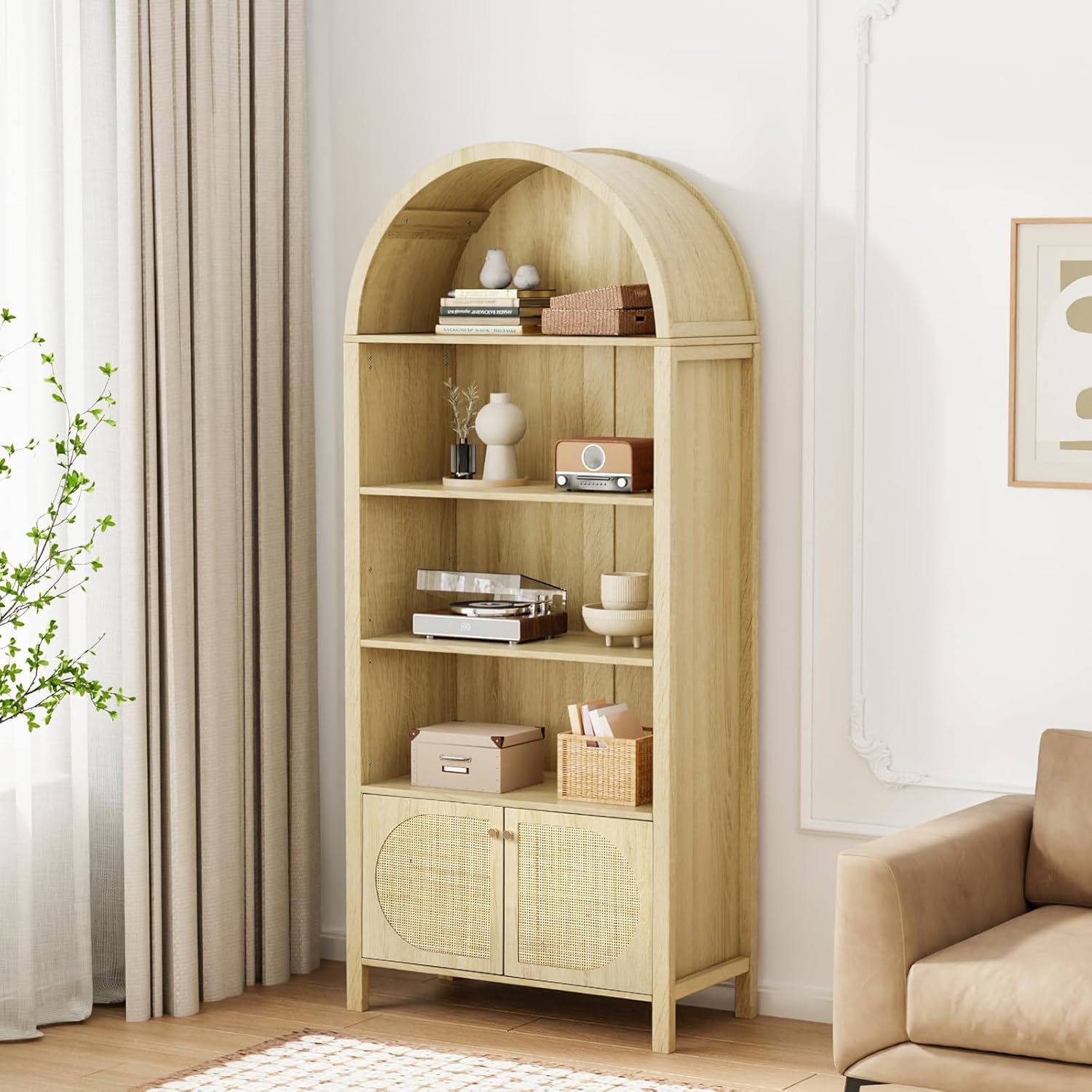 VINGLI Arched Display Cabinet (Oak Wood, 4 Shelves & 2 Doors)