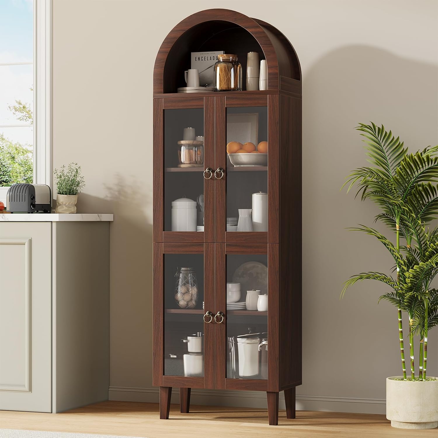 71' Tall Arched Cabinet with Acrylic Door, Modern Curio Arched Bookcase, Display Cabinet Organizer, Kitchen Pantry with Top-Opening Storage Container for Living Dining Room, Brown