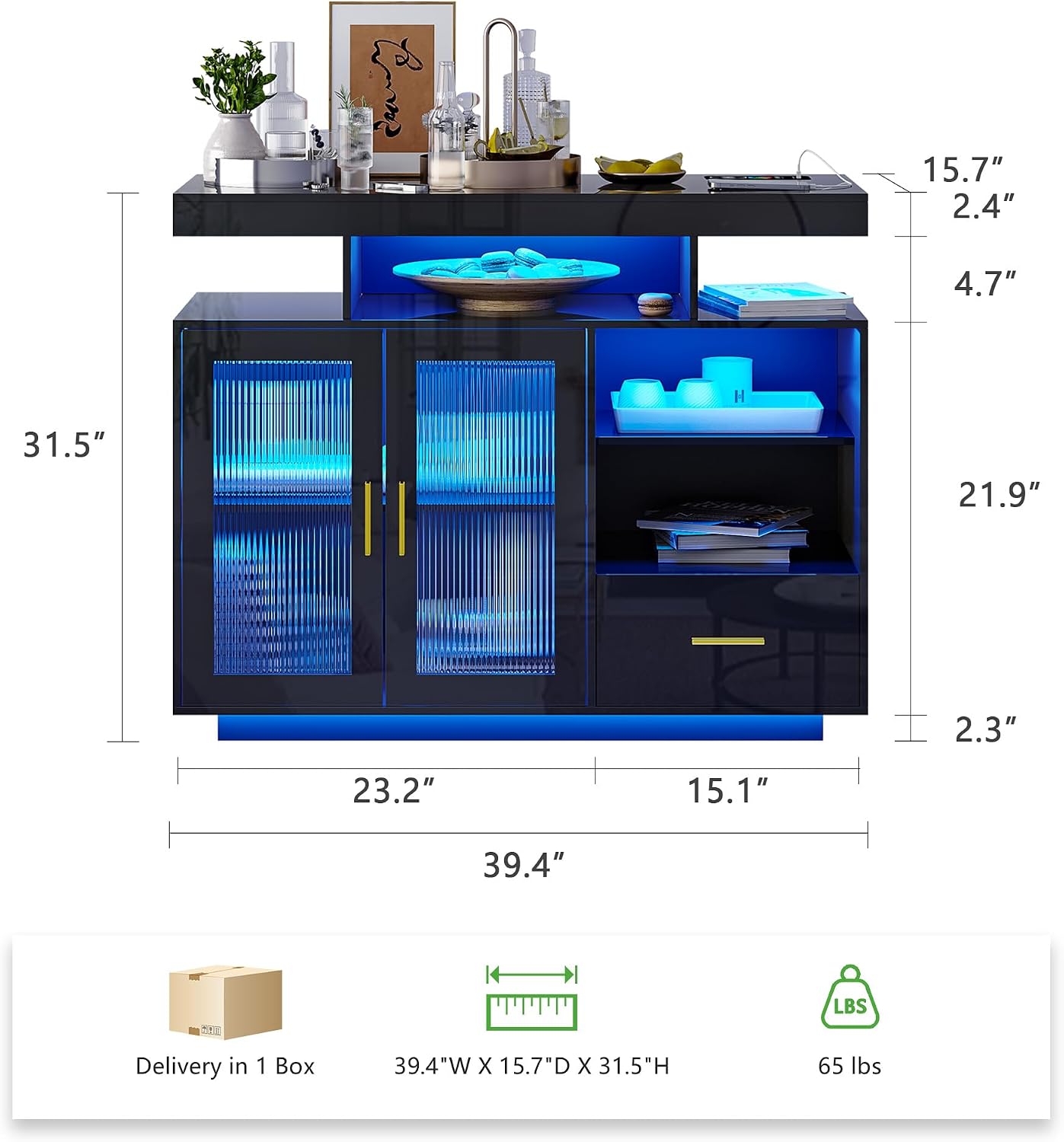 HNEBC LED Sideboard Buffet Cabinet with Charging Station, Smart Bar Cabinet with Auto RGB Lighted, High Gloss Coffee Bar with Drawer/Hutch for Living Room, Dining Room, Home Storager(Black)