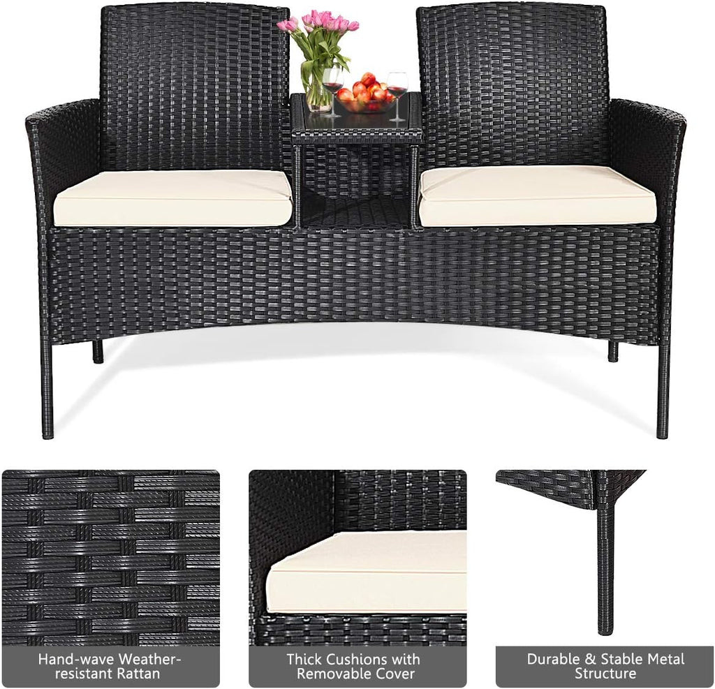 Tangkula Wicker Patio Conversation Furniture Set, Outdoor Furniture Set with Removable Cushions & Table, Tempered Glass Top, Modern Rattan Bench for Garden Lawn Backyard (White)