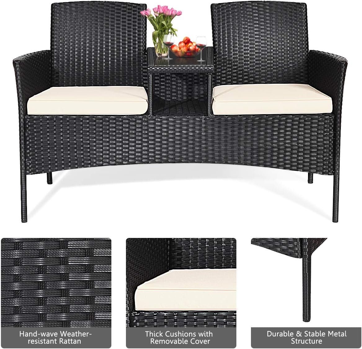 Tangkula Wicker Patio Conversation Furniture Set, Outdoor Furniture Set with Removable Cushions & Table, Tempered Glass Top, Modern Rattan Bench for Garden Lawn Backyard (White)