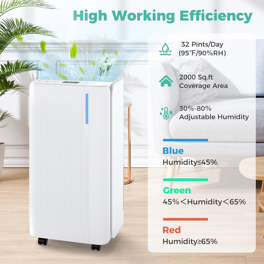 ARLIME 32 Pints Dehumidifier for Home & Basement, 2000 Sq.ft Portable Dehumidifier with Drain Hose, Auto Shut Off, LED Display, Sleep Mode, 24H Timer, Low Noise for Bedroom, Bathroom, Living Room