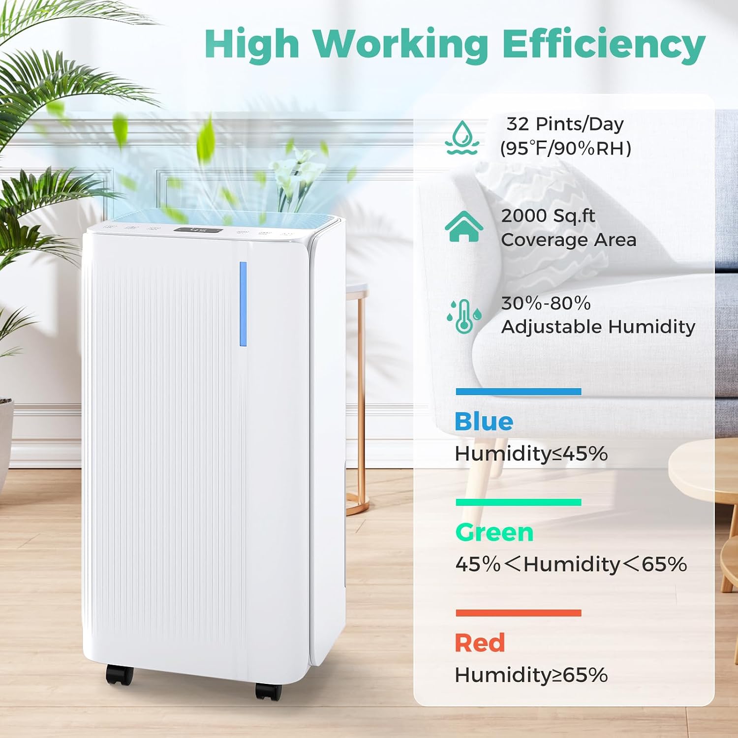 ARLIME 32 Pints Dehumidifier for Home & Basement, 2000 Sq.ft Portable Dehumidifier with Drain Hose, Auto Shut Off, LED Display, Sleep Mode, 24H Timer, Low Noise for Bedroom, Bathroom, Living Room