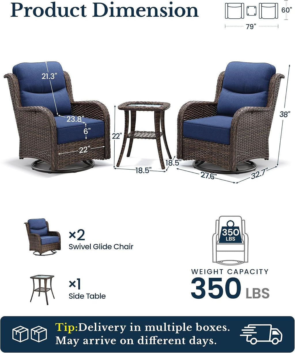 HILLGA 3-Piece Luxury Patio Furniture Set with 6' Thick Cushions, Weather-Resistant Wicker High Back Swivel Rocker Chairs, Senior-Friendly Conversation Set for Small Porch, Deck and Sunroom, Blue(V2)
