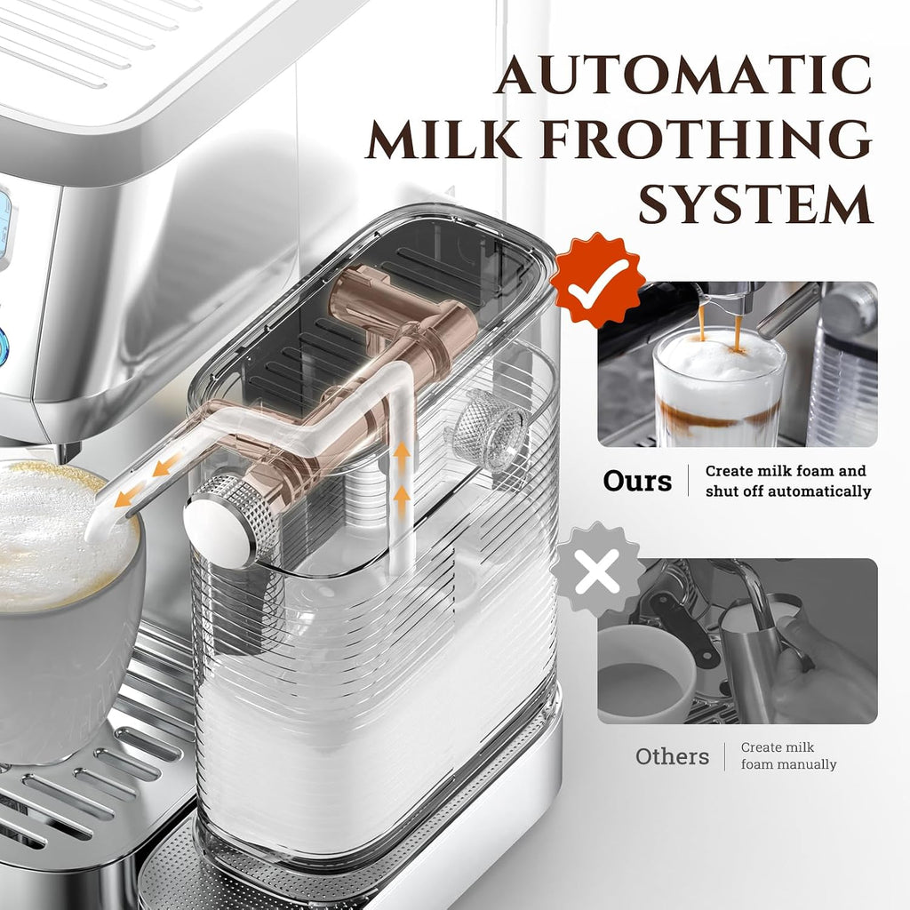 AMZCHEF Espresso Machine with Upgraded Automatic Milk Frother, 20 Bar Cappuccino Machines with LCD Display for Home Gifts, Latte Coffee Maker with Dual Wall & Filters, Sliver
