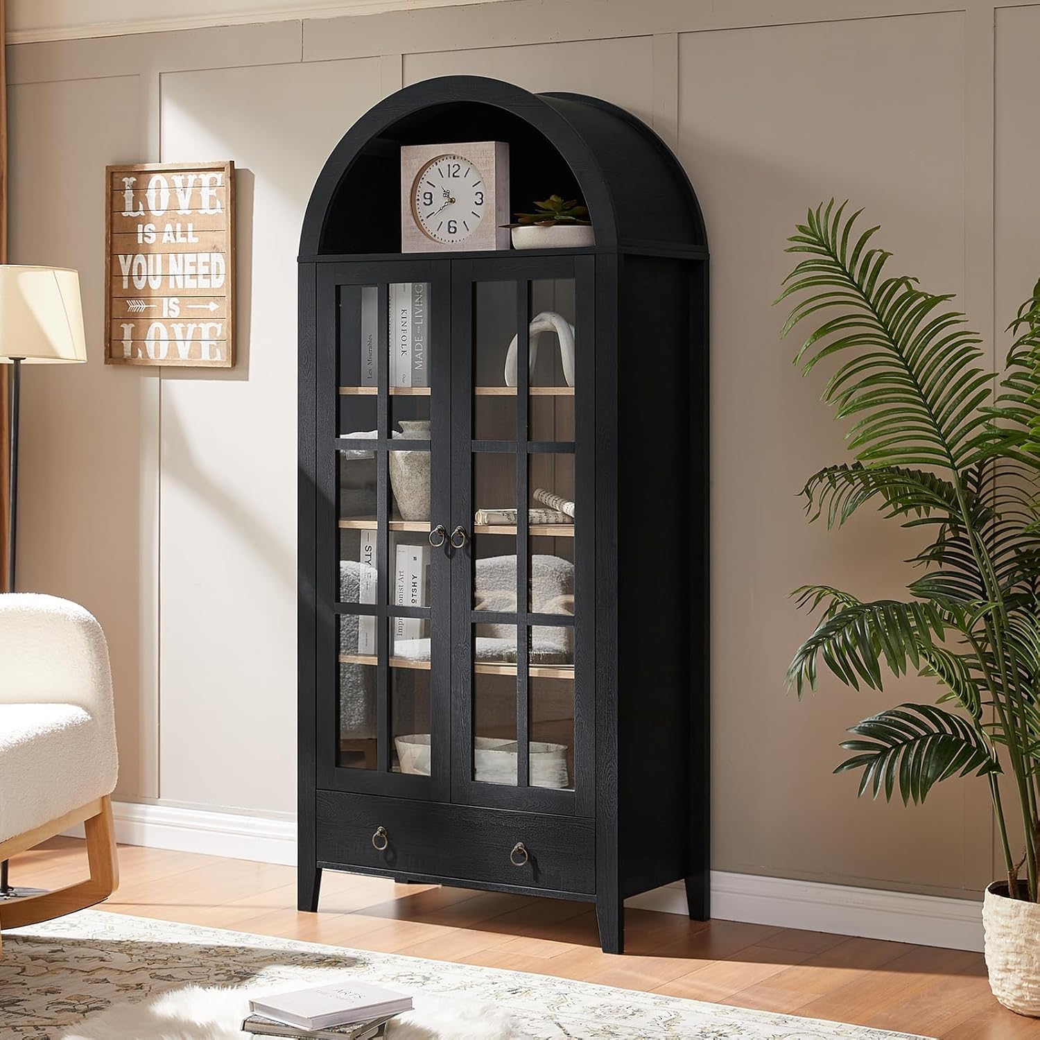 70' Tall Arched Cabinet, Modern Farmhouse Wooden Display Cabinet with Glass Doors, 6 Tier Bookshelf with Adjustable Shelves for Living Room, Office, Black