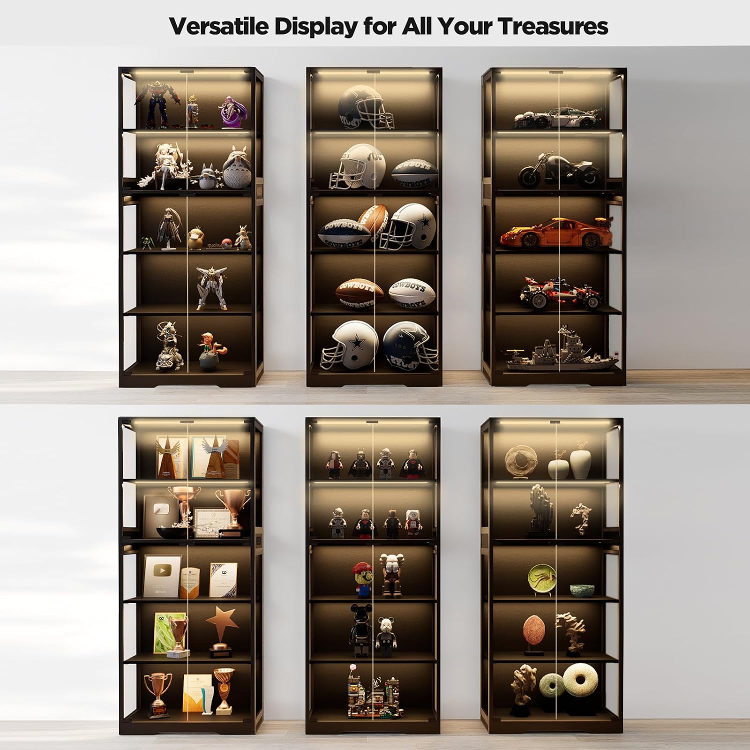 Glass Display Cabinet, 5-Tier Curio Cabinet with Glass Doors, Dimming LED Lights & Motion Sensor, for Collectible Figures, Living Room, Bedroom, or Office (Iron Frame Black)
