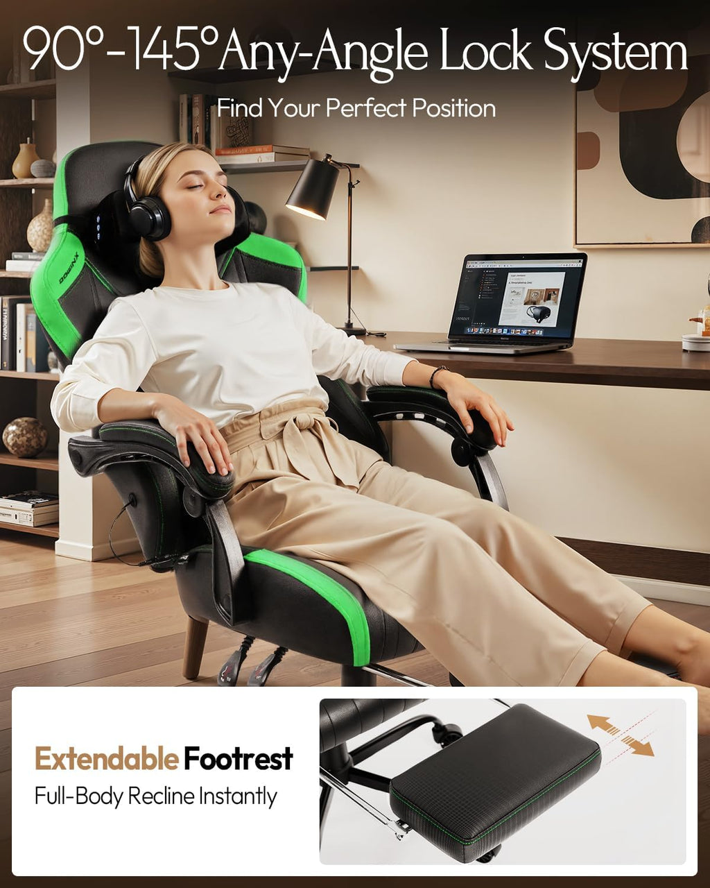 Dowinx Gaming Video Gaming Chair with Shiatsu Neck Massage and Lumbar Support for Home Office High Back Recliner Height Adjustable Ergonomic Comfy Leather Computer Desk Chair (Green)