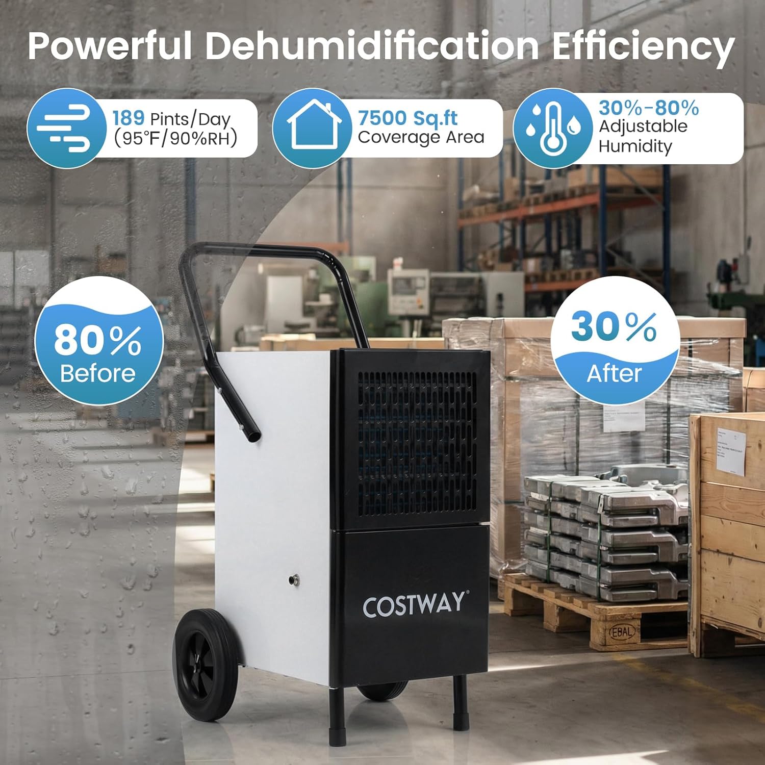 COSTWAY 189 Pints Commercial Dehumidifier with Pump, 3.3Ft Drain Hose & Wheels, Industrial Dehumidifier for Basement, Warehouse, Job Sites & Large Space Up to 7,500 Sq.Ft