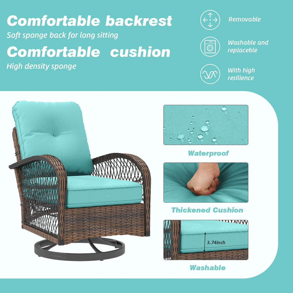 EROMMY 3 Pieces Patio Furniture Set, Outdoor Swivel Rocker Patio Chairs, Wicker Patio Bistro Set with Rocking Chair, Thickened Cushions and Glass Coffee Table for Backyard, Garden, Blue