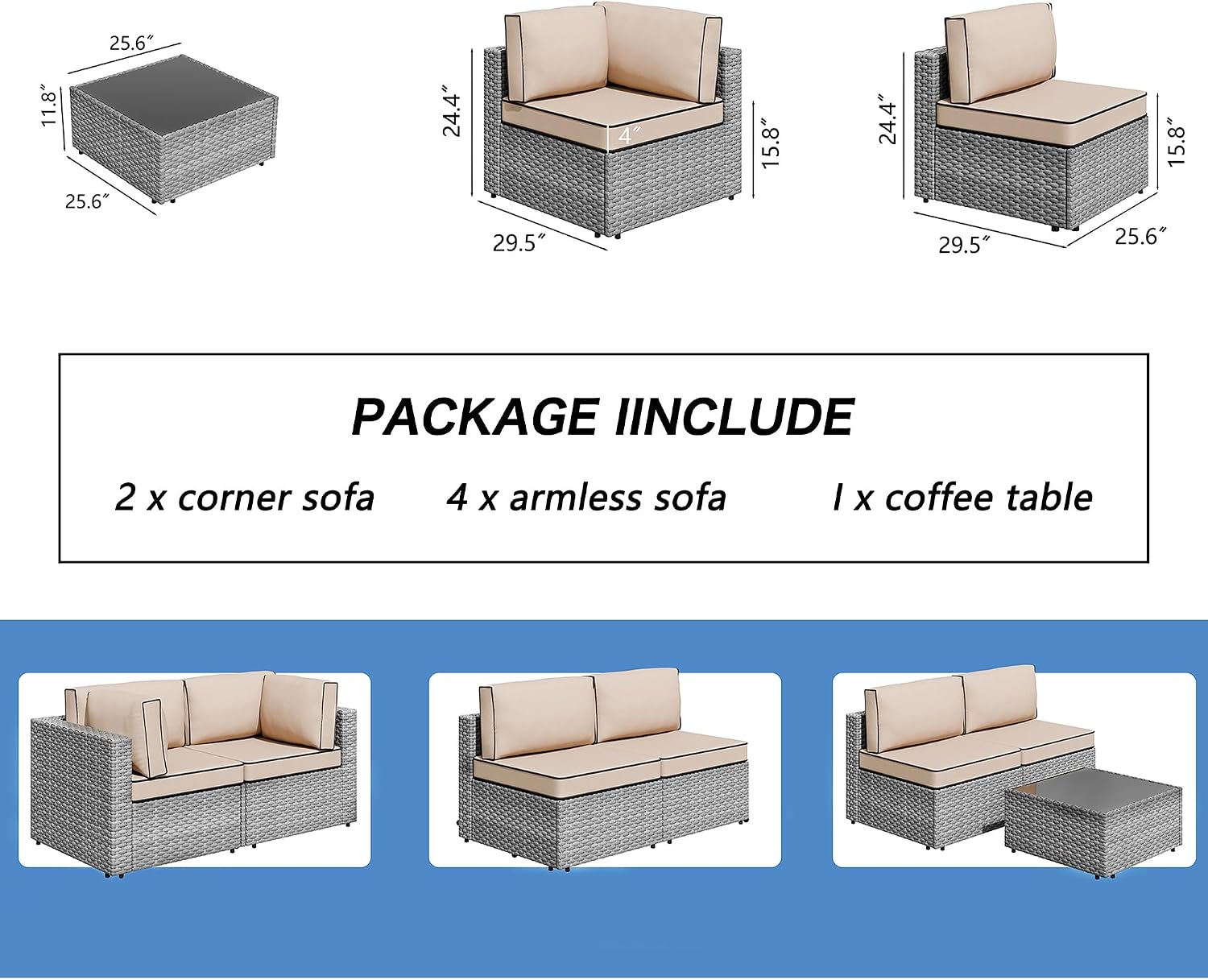 Shintenchi 7 Pieces Outdoor Patio Furniture Sets, Patio Sectional Sofa Couch, Gray PE Wicker Furniture Modular Patio Conversation Sets Patio Sofa with Washable Cushions, Gray/Khaki