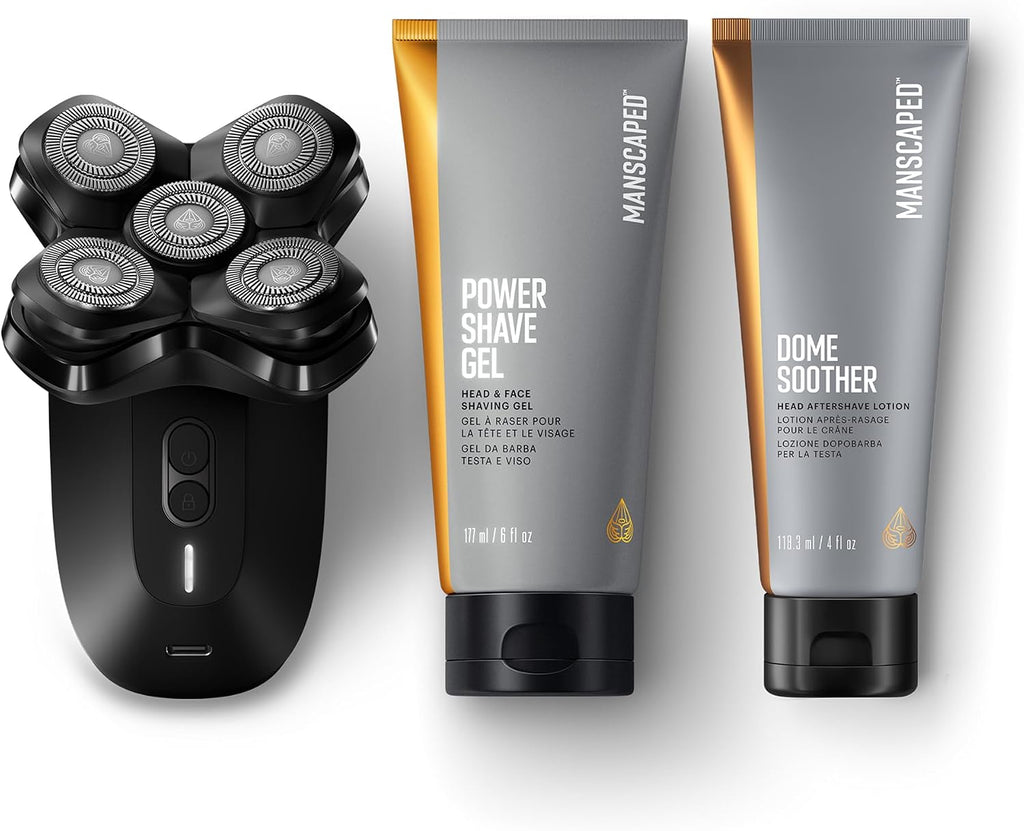 MANSCAPED® The Dome Shaver™ PRO Package - Head Shaver for Bald Men, Five Rotary Blade Design with SkinSafe® & FlexAdjust Technology, Head & Face Power Shave Gel, Dome Soother Aftershave Lotion