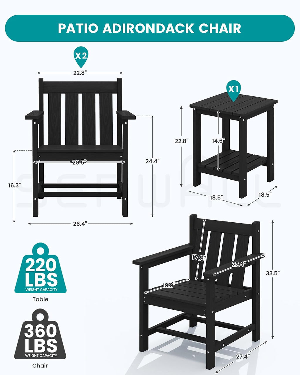 SEWRWALL 3 Pieces Patio Bistro Set, All Weather Adirondack Chair Set with Side Table, HDPE Material Outdoor Patio Furniture Set for Balcony, Porch, Garden, Backyard- Black