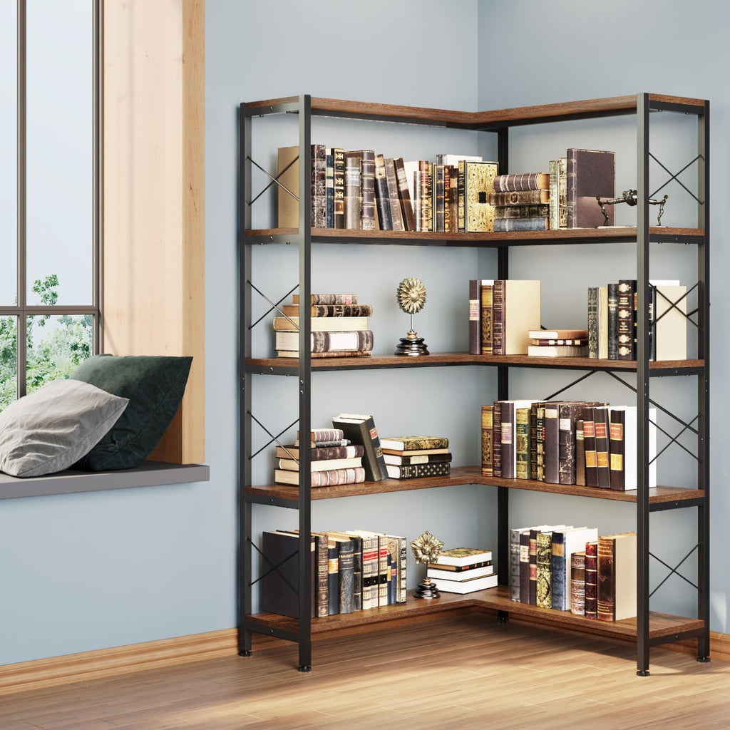 Wildhome 5-Shelf Corner Bookshelf, Vintage Industrial L-Shaped Bookshelf Etagere Bookcase, Large Book Shelf with Metal Frame Open Storage Corner Cabinet (Retro Brown-5 Shelf)