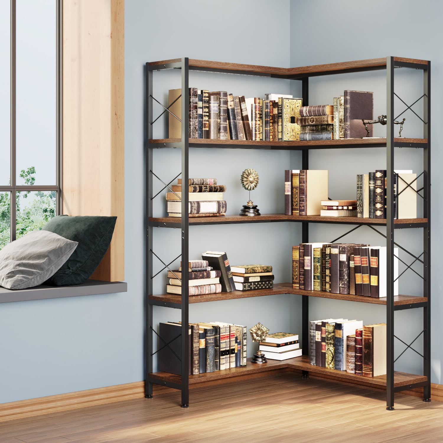 Wildhome 5-Shelf Corner Bookshelf, Vintage Industrial L-Shaped Bookshelf Etagere Bookcase, Large Book Shelf with Metal Frame Open Storage Corner Cabinet (Retro Brown-5 Shelf)