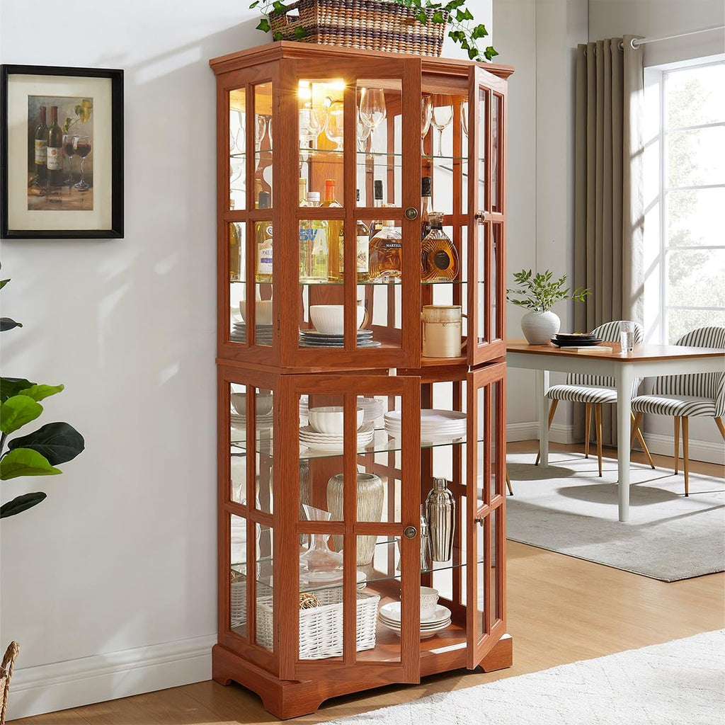 Lighted Glass Curio Cabinet with Lights & Adjustable Shelves,Curio Display Cabinet with Wood Frame & Glass Door,Corner Antique Display Case for Kitchen,Living Room,Office
