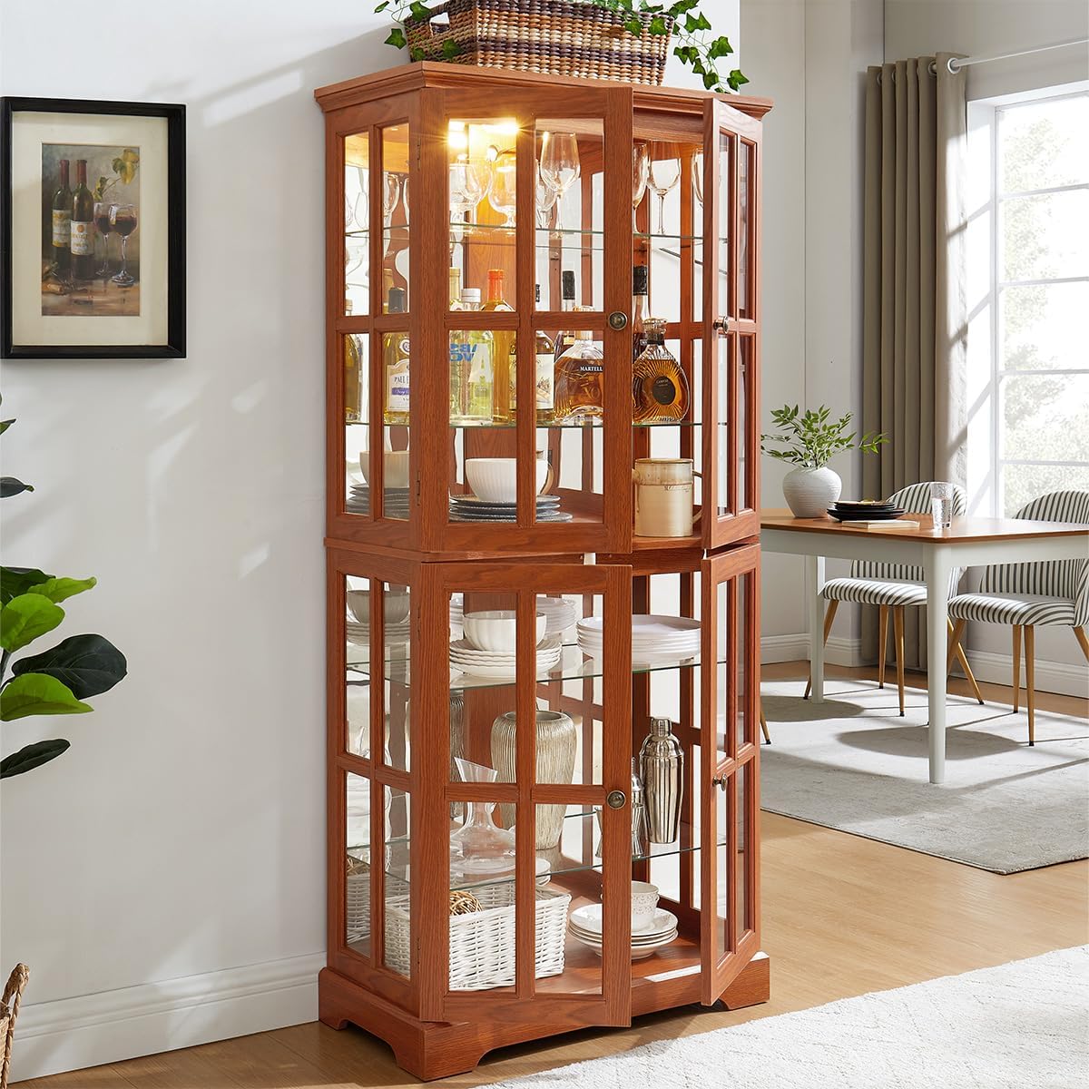 Lighted Glass Curio Cabinet with Lights & Adjustable Shelves,Curio Display Cabinet with Wood Frame & Glass Door,Corner Antique Display Case for Kitchen,Living Room,Office