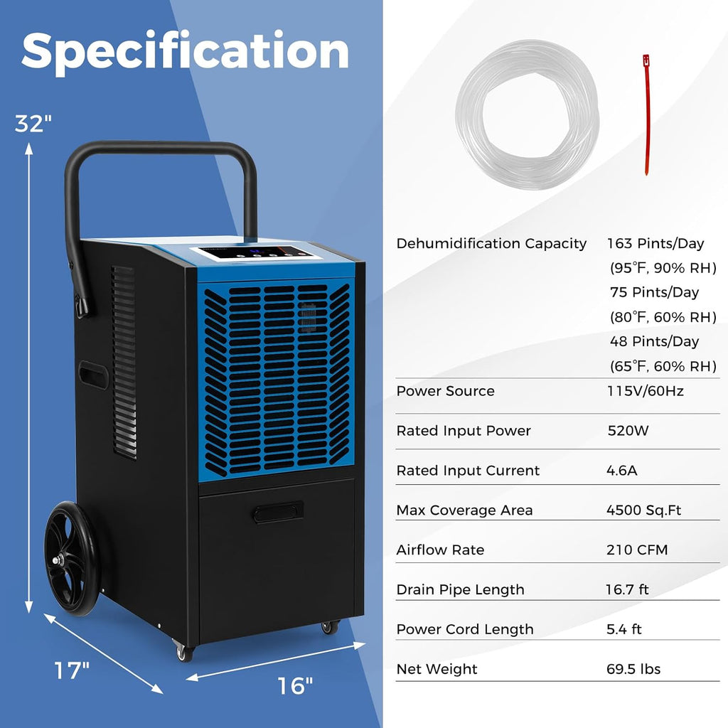 ARLIME 163 Pints Commercial Dehumidifier w/Pump & Drain Hose, Industrial Heavy Duty Portable Dehumidifier for Large Spaces, Basement, Warehouse, Water Damage Restoration, Up to 4500 Sq.Ft (Blue)