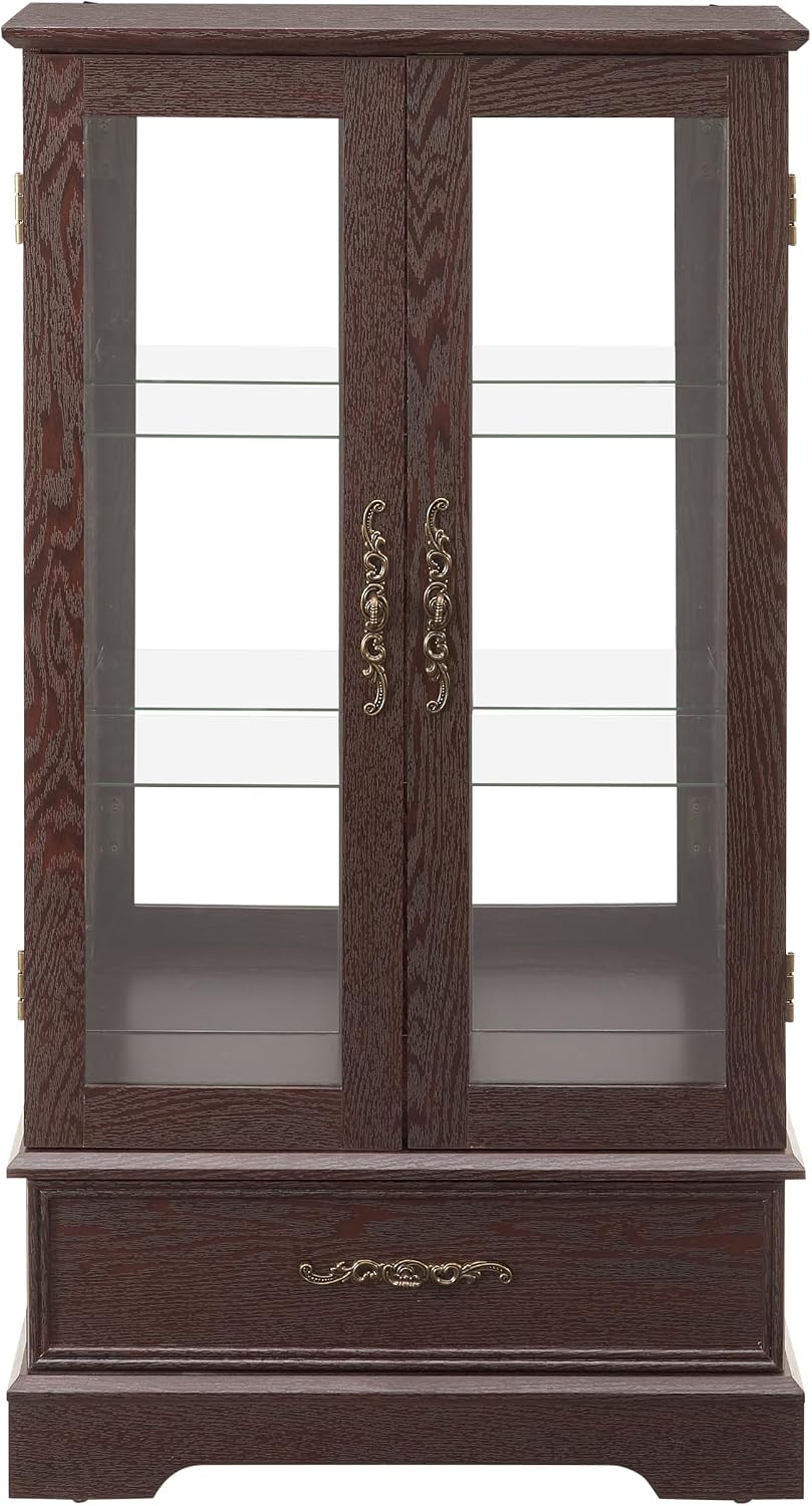 47' H Lighted Curio Cabinet Display Case, Glass Case with Adjustable Shelves,Tempered Glass Door and Drawer, Wooden Curio Cabinet with Mirrored Back Pane for Living Room (Dark Cherry)