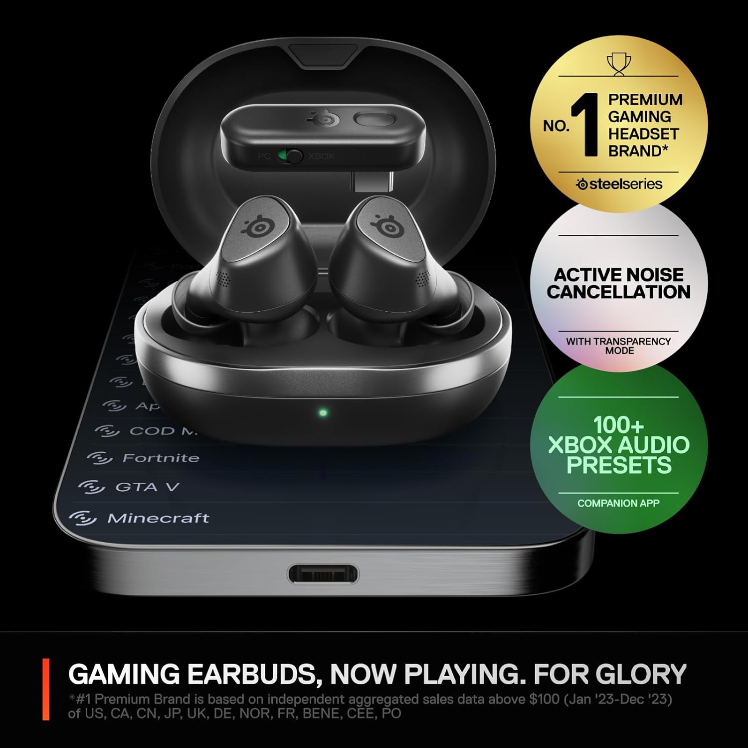 SteelSeries Arctis GameBuds for Xbox/PC/PS5/Switch/Mobile — Quick-Switch 2.4GHz+Bluetooth 5.3 — Active Noise Cancelling — Mobile App — Water Resistant IP55 — 40H Battery with Qi Charging Case - Black