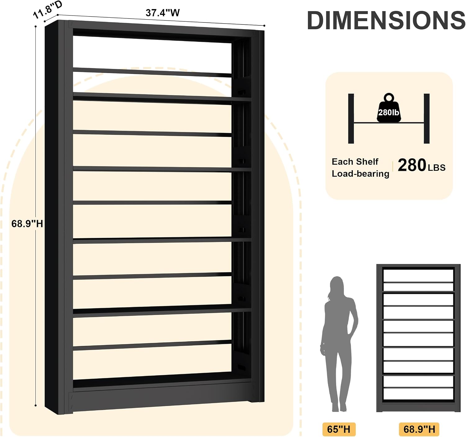 5 Tier Wide Bookshelf, Tall Bookcase with Open Shelves, Metal Black Bookcase Morden Book Shelf for Bedroom,Living Room,Library,Office,Book Shelves