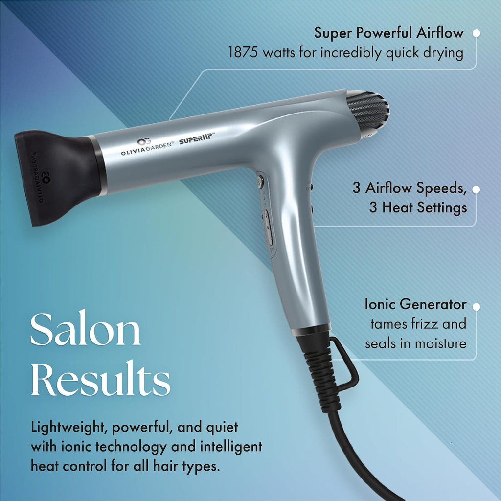 Olivia Garden 1875W SuperHP Professional Hair Dryer for All Hair Types - Quiet, Fast Drying Blow Dryer - Powerful Ionic Generator - 5 Attachments, Including 2 Comb and 1 Diffuser Attachments