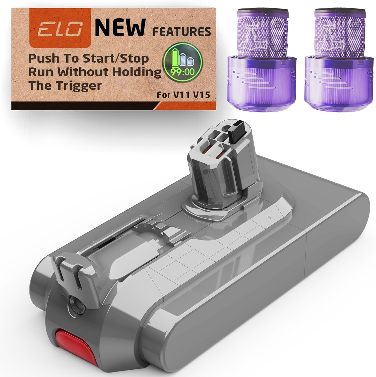 ELO Dyson V11 V15 Battery with Trigger Lock 5000mAh Click-in for Animal, Absolute, Outsize, Torque Drive, Detect, SV15 SV16 SV22, 25.2V Samsung Cells, 970425-01 (Not Screw-in SV14)