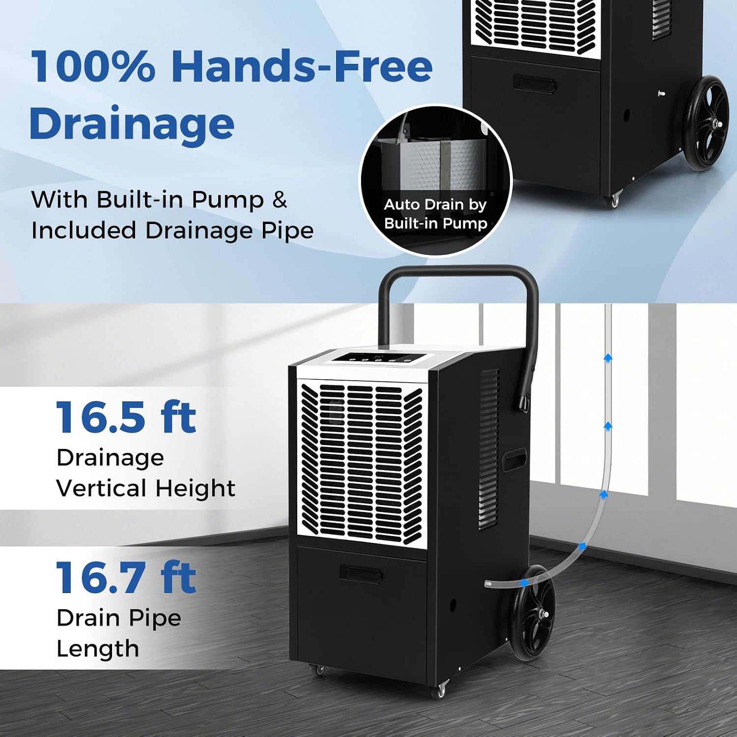 ARLIME 163 Pints Commercial Dehumidifier w/Pump & Drain Hose, Industrial Heavy Duty Portable Dehumidifier for Large Spaces, Basement, Warehouse, Water Damage Restoration, Up to 4500 Sq.Ft (White)