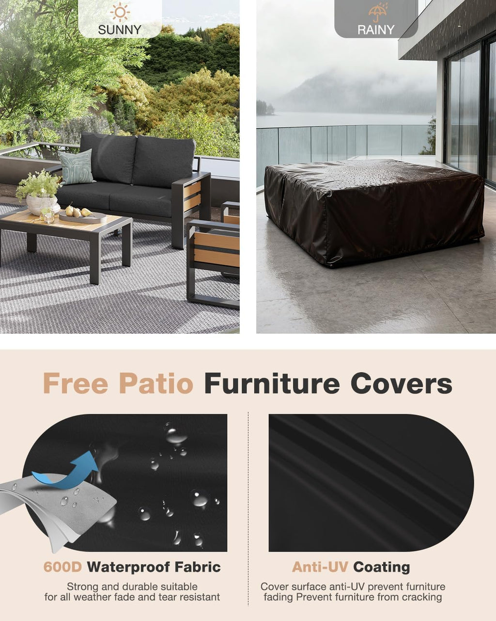 Aoxun Aluminum Patio Furniture Set, 4 Piece Luxury Outdoor Sectional with 6' Olefin Fabric Cushions, Patio Conversation Sets with Coffee Table and Waterproof Cover for Backyard, Porch Dark Grey